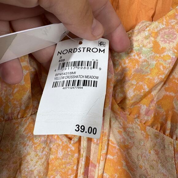 BP Small Crosshatch Yellow Orange Meadow Floral Milkmaid Short Sleeve Dress - Picture 7 of 10